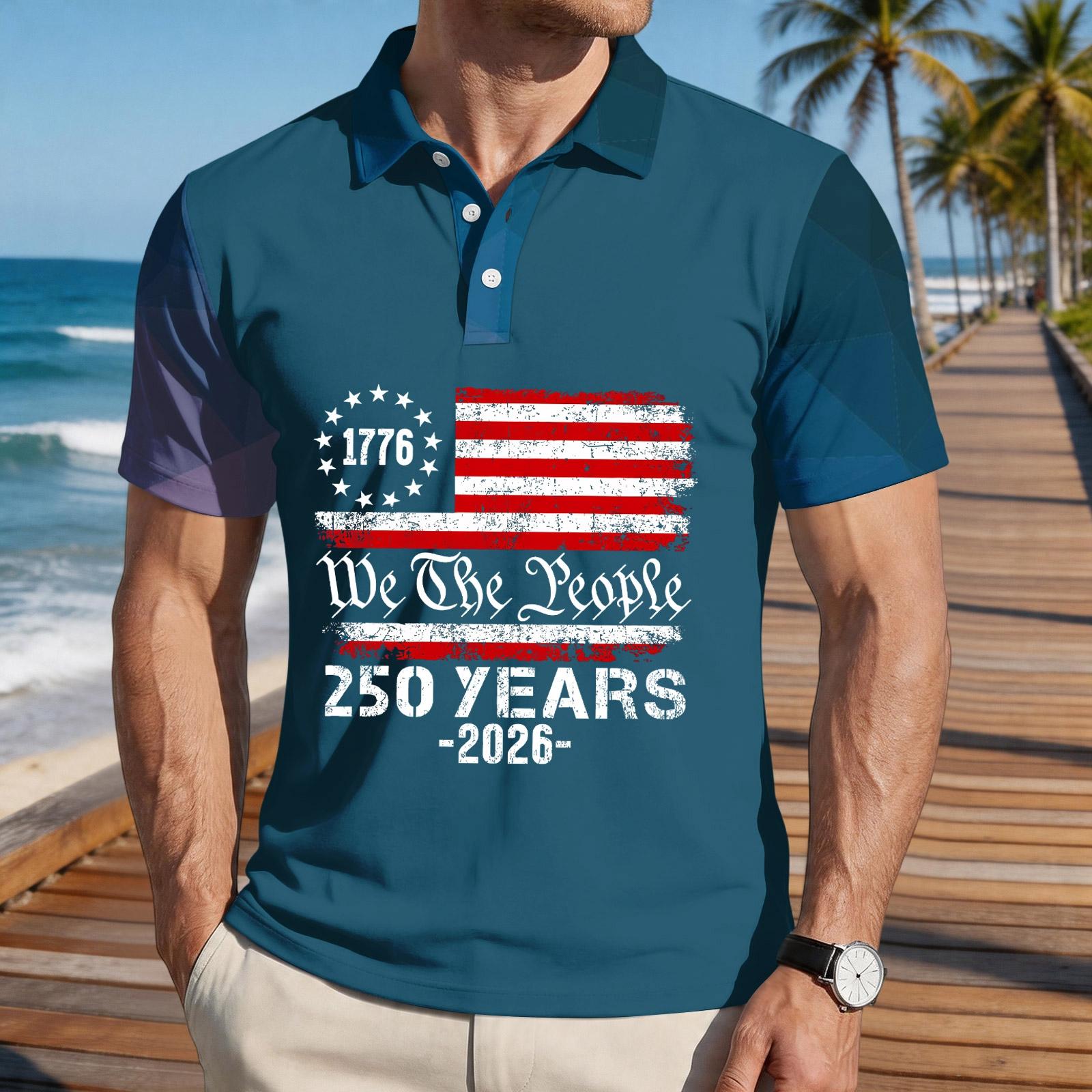 Men s Loose Fit Casual Polo Shirt Short Sleeve Printed Flag Graphic Button Collar Comfortable Summer Top XXL
