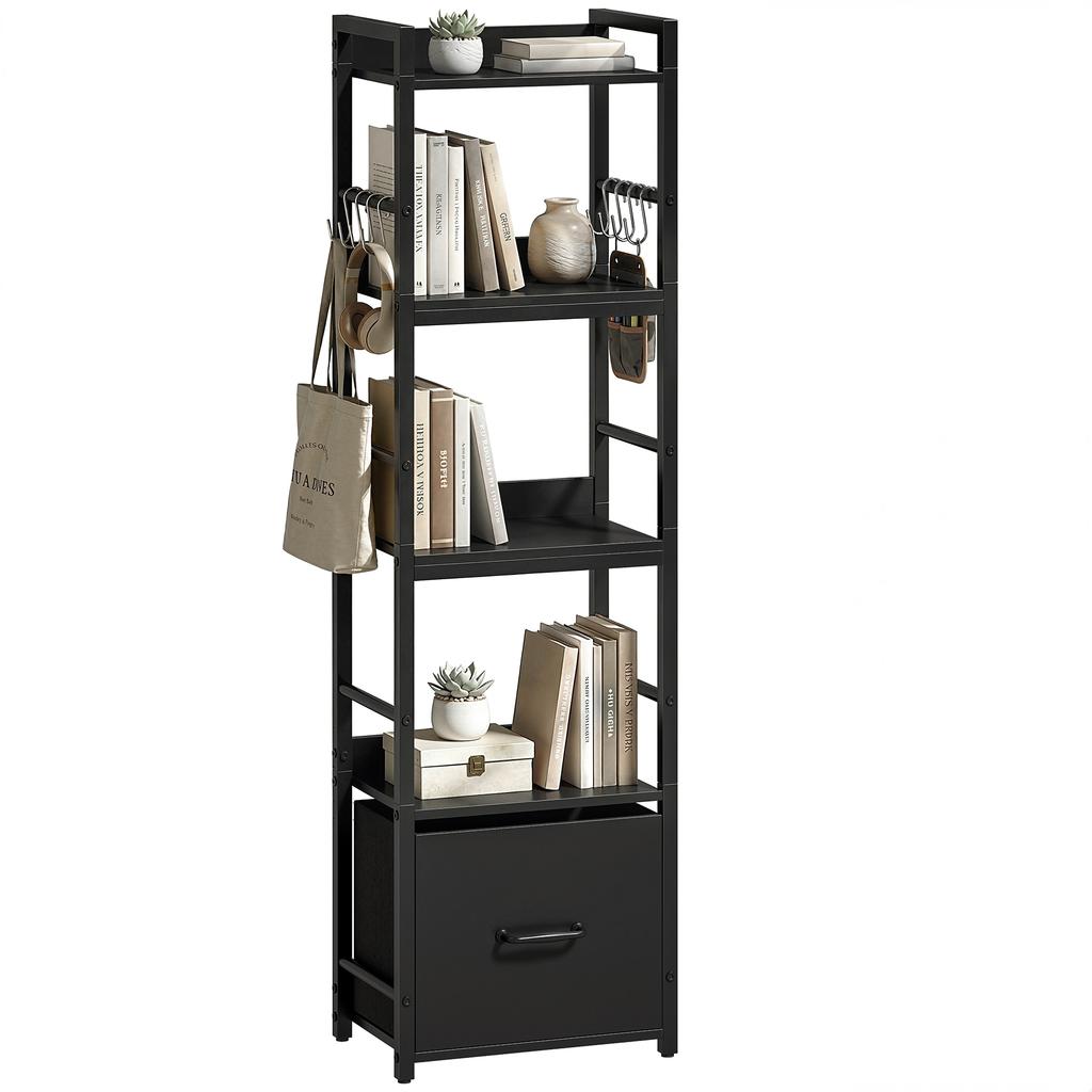 4-Tier Bookshelf, Narrow Bookcase with Drawer, 8 Hooks, Metal Frame, Black