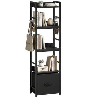 4-Tier Bookshelf, Narrow Bookcase with Drawer, 8 Hooks, Metal Frame, Black
