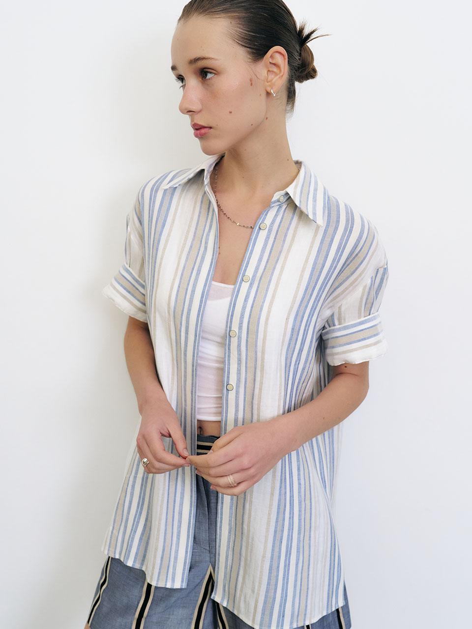 Ed Mang Linen Blend Oversized Striped Shirt (Blue) Free