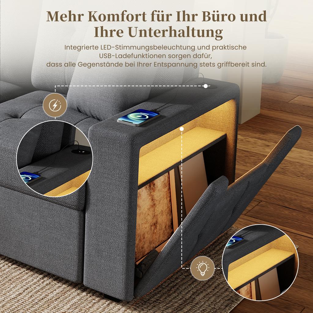 Modular L-Shaped Sofa with Freely Positionable Storage Ottoman, Double Armrest Storage, Charging Ports On Both Armrests and LED Mood Light