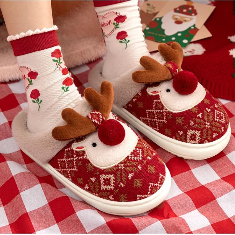 New Winter Lovely Women's Slippers Home Cute Cartoon Cotton Slippers Christmas Deer Non-Slip House Shoes