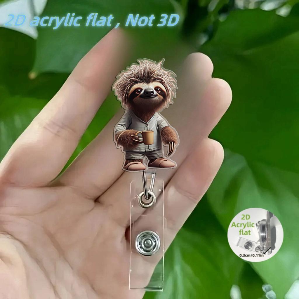 Tea Drinking Sloth 2D Acrylic Retractable ID Badge Reel, Solid PMMA Clip Holder Suitable For Registered Nurses Doctors And Medical Learners