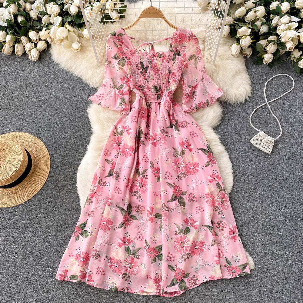 Tea Break French Vintage Dress Square Neck Flared Sleeve Tie Waist Women's Temperament Swing Long Dresses