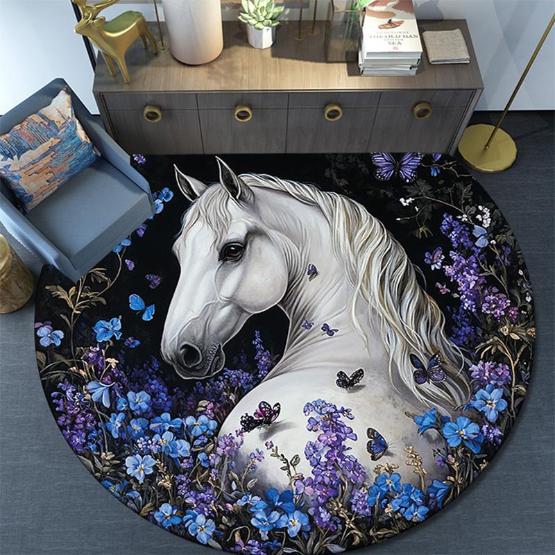 White Horse Round Area Rug,Carpet Rug for Living Room Bedroom Sofa Playroom Decor,Non-slip Floor Mat
