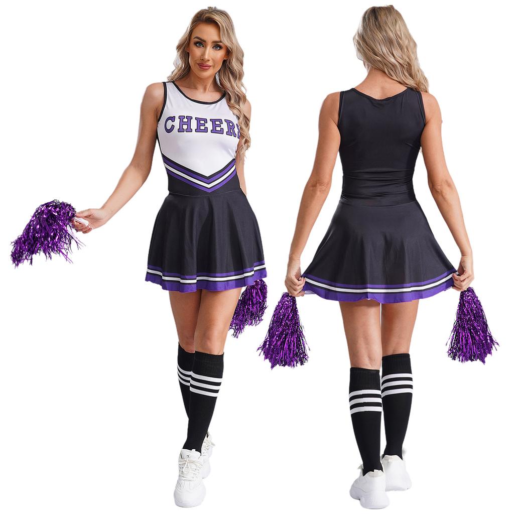 Damen ärmelloses Kleid mit Buchstabenaufdruck Cheerleading-Kostüm mit Socken Blume