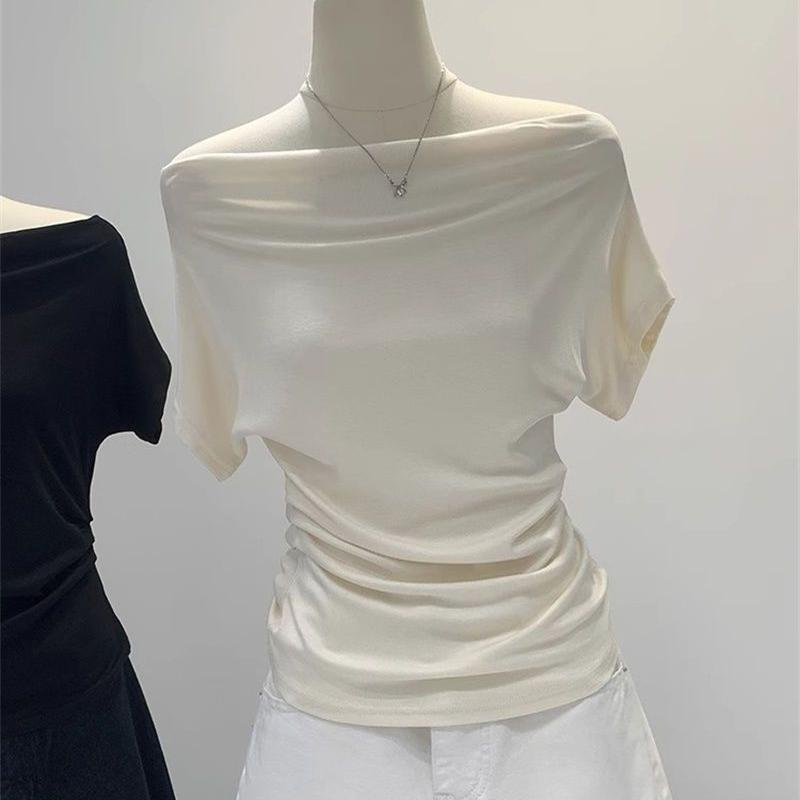 Sommer Reines Verlangen Ein Schulter Schwarz Kurzarm Damen T-Shirt Koreanischer Stil Schlankmachendes Top Freiliegende Schulter Modisch