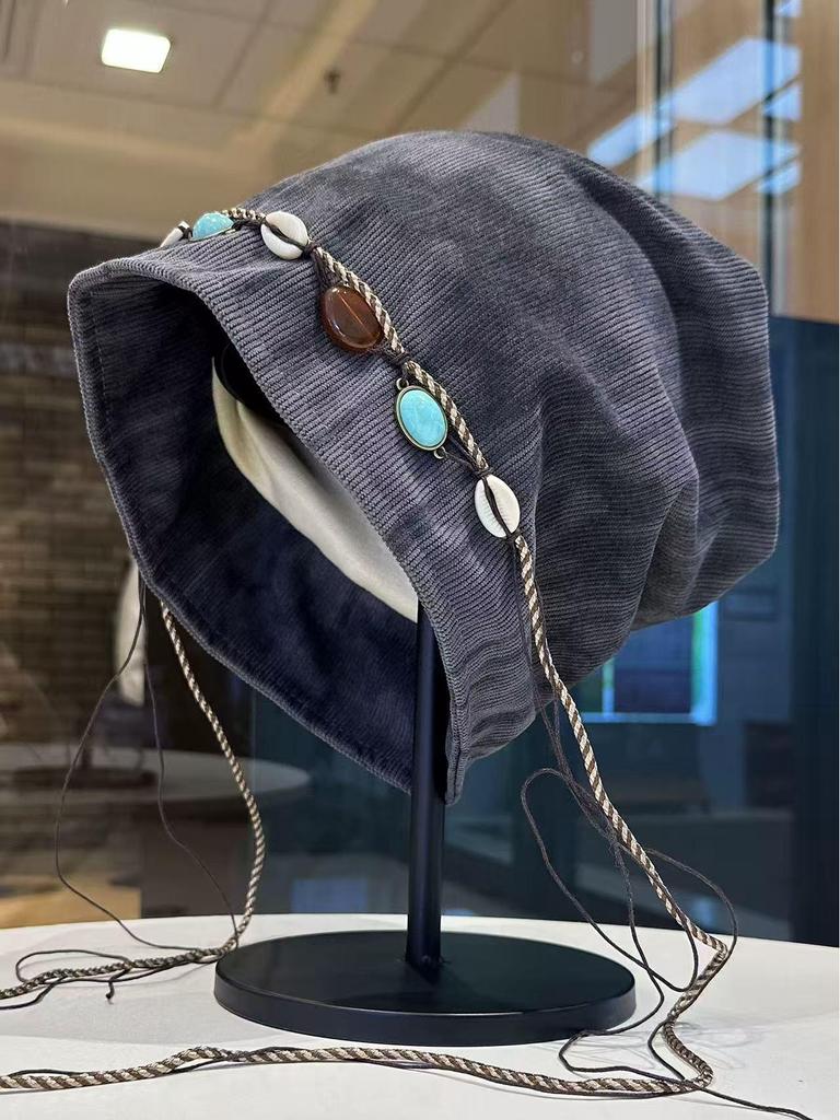 Korean-Style Tie-Dye Beaded Slouchy Beanie for Women - Ethnic Retro Tassel Skull Cap, Early Autumn Wear