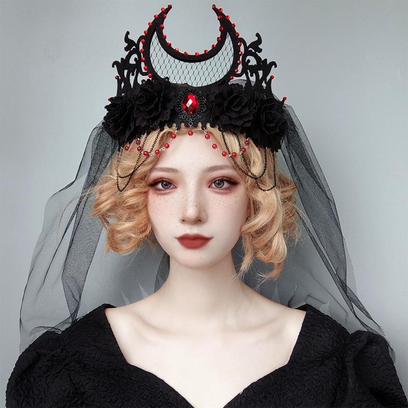 Tag der Toten Stirnband Gothic Kopfschmuck Schwarzer Schleier Krone Barock Tiara Krone Lolita Haaraccessoires Halloween Krone