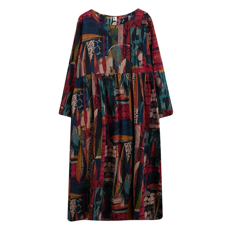 Jarné a jesenné nové dámske šaty s dlhým rukávom a okrúhlym výstrihom Šaty s voľným tanierom s potlačou 2XL