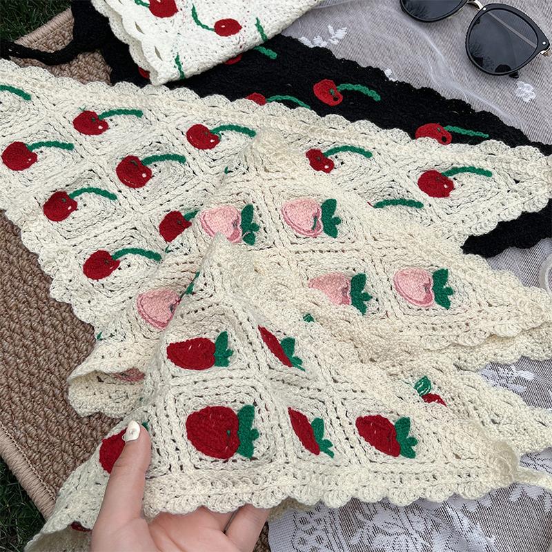 Sweet Cute Strawberry Cherry Handmade Crochet Hollow Triangle Headband Towel Women Spring Summer Travel Photo Hair Scarf