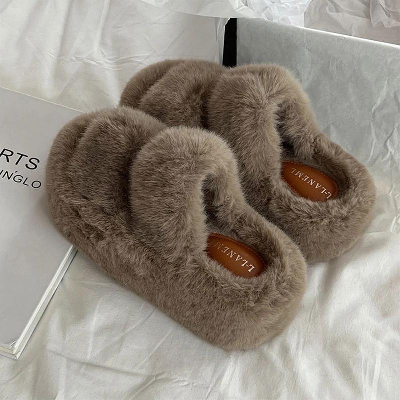 

Пушистые 7 см Женские туфли на платформе, тапочки, обувь, удобные шлепанцы с открытым носком, 2025 Новая весна-осень, женская домашняя обувь 40 хаки