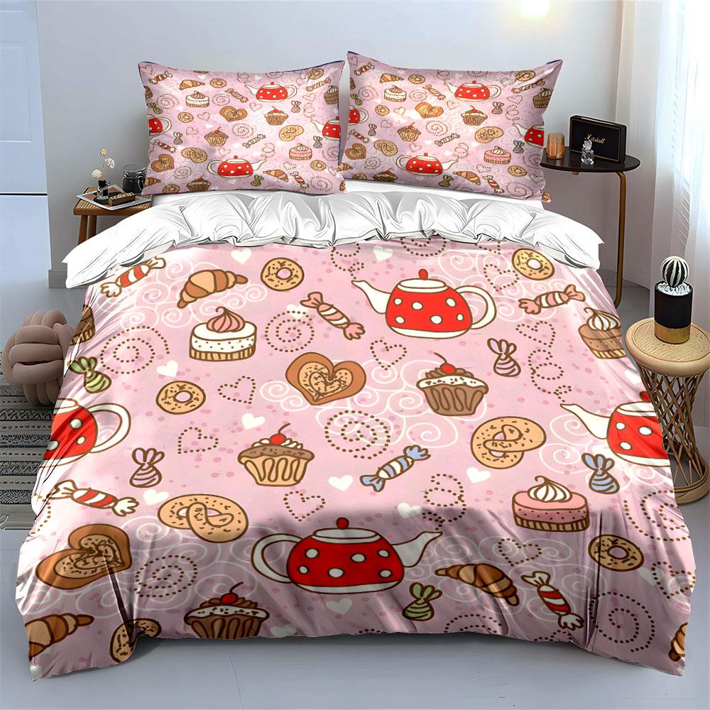 Tea and Sweets Pink Pattern Bedding Duvet Cover Set (1*Duvet Cover 2*Pillowcases, Without Duvet Insert)