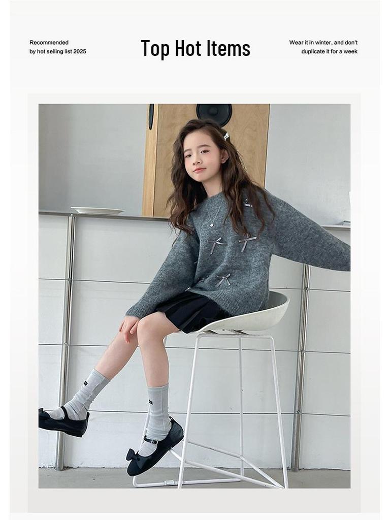 2025 Girls' Fashion: Round Neck Wool Sweater for Autumn/Winter - Medium & Large Children's Knitted Style