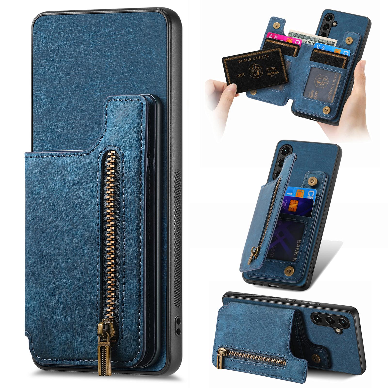

For Google Pixel 9a Case with Zipper Card Holder Retro Leather TPU Phone Cover Blue