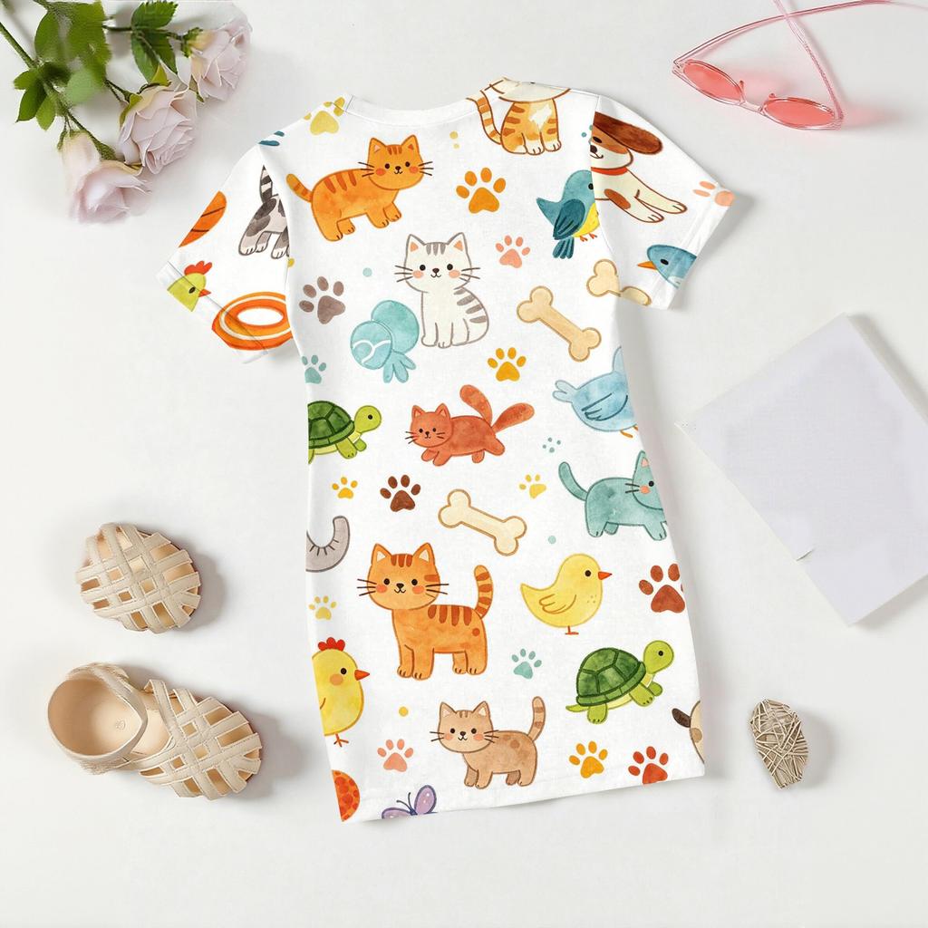 Girls Animal Print Dress Kids Loose Fit Short Sleeve Round Neck Lightweight Casual Dress for Children Summer Wear