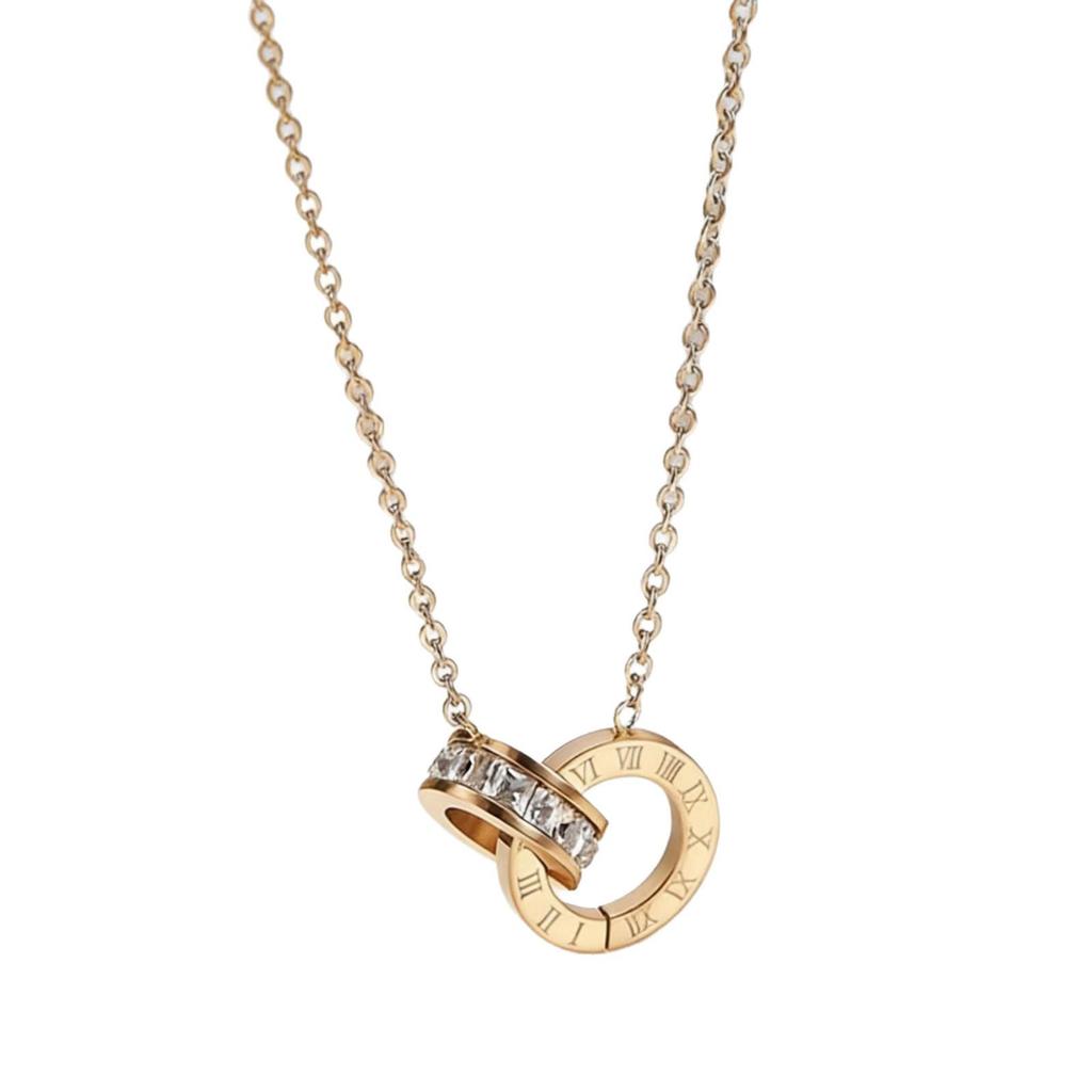 Korean Style Rhinestone Titanium Necklace & Double Ring Jewelry Set