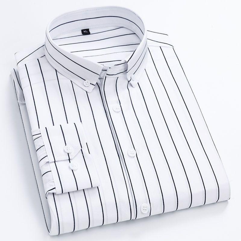 Mens Dress Shirts Striped Long Sleeve Plaid Checked Shirt Smart Casual Business Non-Ironing Korean Slim Fit Formal Blue White