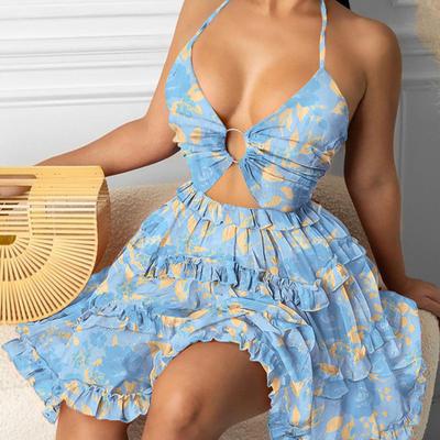 Damen Sommer Sexy Hohl Hängender Hals V-Ausschnitt Kuchen Kleider
