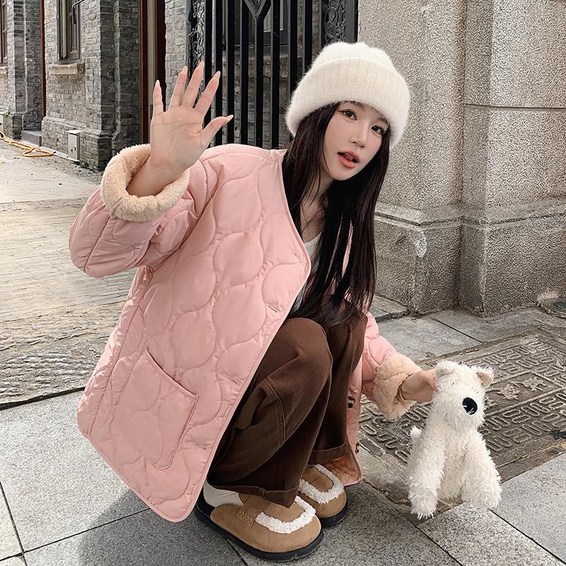 Sheep Wool Cotton Coat for Women, Autumn and Winter New Korean Style Thickened Round Neck Sheep Wool Jacket Cotton Padded Coat