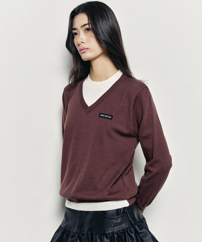Nigaennikol Layered Round V Neck Knit_Brown