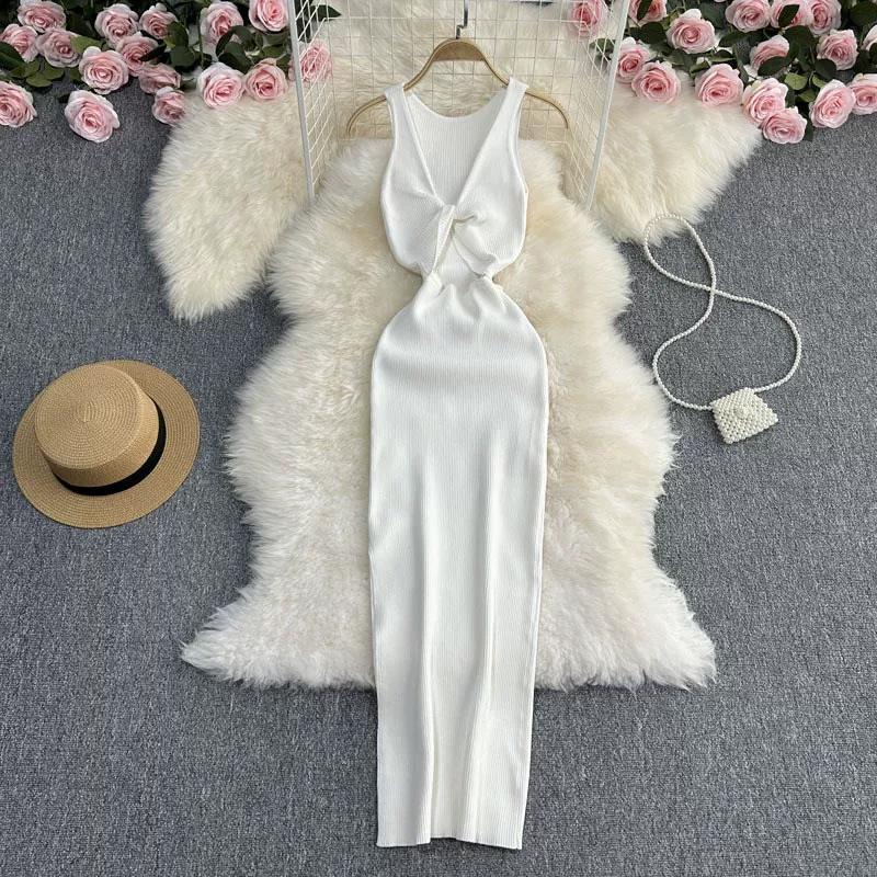 Vestido de Punto Minimalista sin Espalda para Mujer Verano SSólido de Punto sin Mangas Ajustado sin Mangas Sexy Bodycon Vestido Camiseta