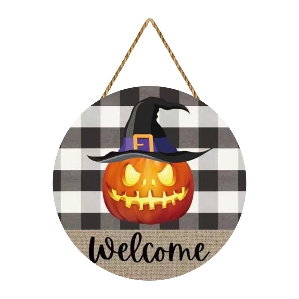 Halloween Door Decoration Halloween Wreath Cute Pumpkin Hanging Welcome Sign Wooden Home Decoration