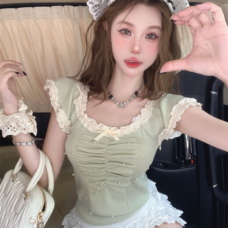 Green and Fresh Korean Style Design with Korean Lace and Lace Niche Nail Bead Short Sleeved Knitwear for Women In Summer
