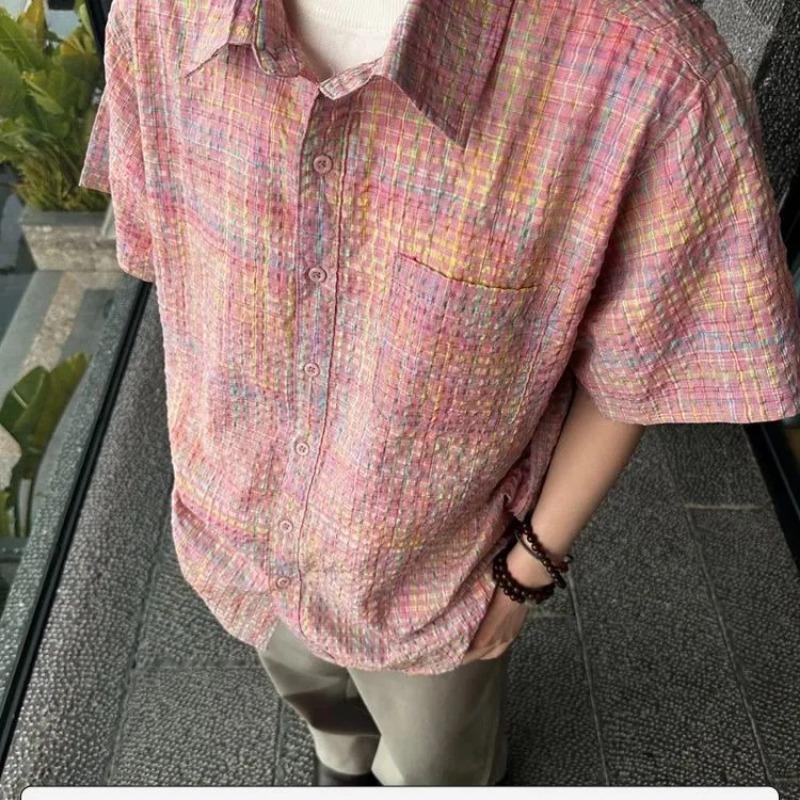 Men's Casual Loose Fit Short Sleeve Shirt Rainbow Gradient Plaid Texture Breathable Lapel Button Down Summer Streetwear Top