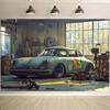 2D Flat 1pc Vintage Car Store Background - Garage Photography Background with Old Cars, Tools, Auto Shows, Theme Decorations