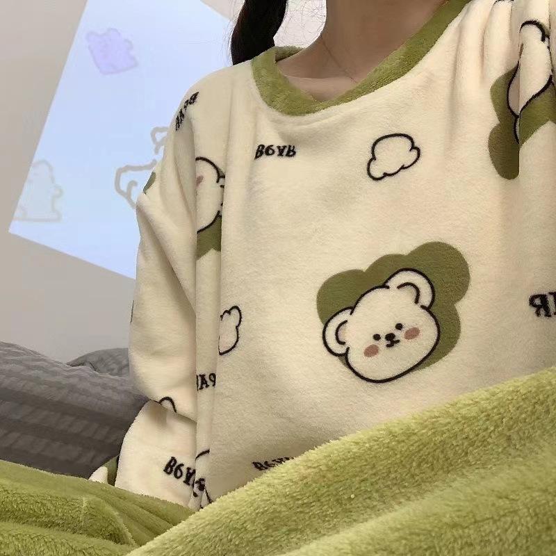 Autumn and Winter Women's Flannel Homewear Suit Pajamas That Can Be Worn Outside