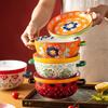 Flower Binaural Bowl Household Instant Noodle Bowl with Lid Soup Bowl Ceramic Tableware Soup Bowl Salad Bowl