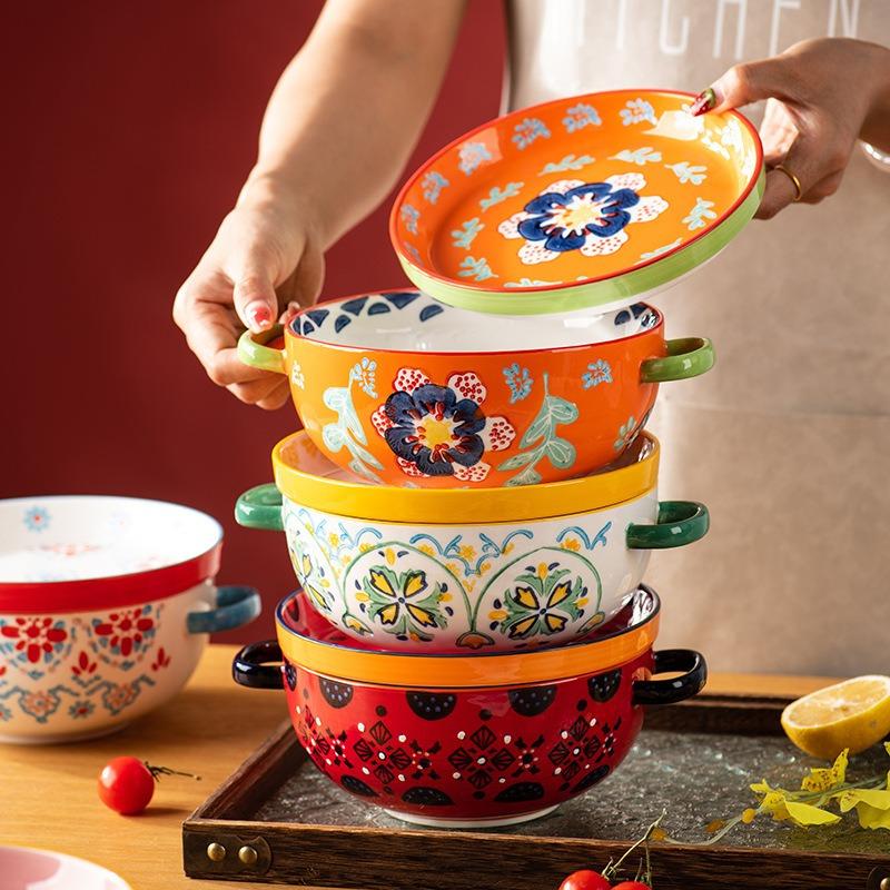 Flower Binaural Bowl Household Instant Noodle Bowl with Lid Soup Bowl Ceramic Tableware Soup Bowl Salad Bowl