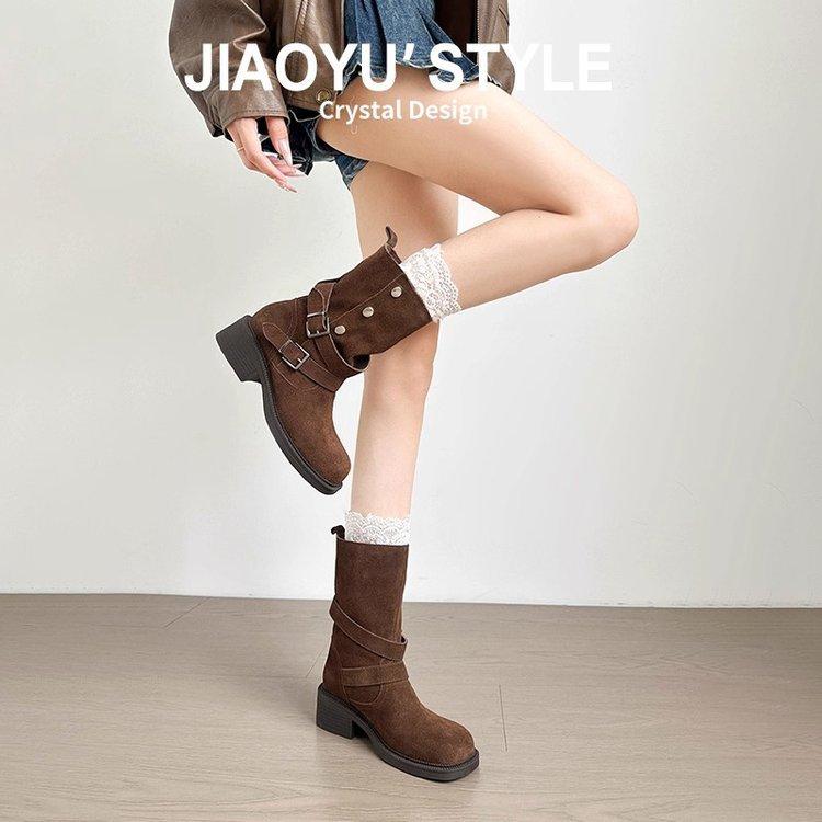Cowhide version! Retro thick heel folded two wear Maillard boots women 2025 new thin thick-soled medium boots autumn