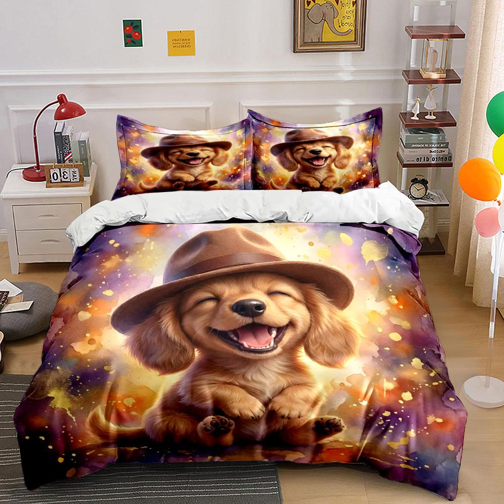 Cute Happy Dog In Hat Design Bedding Duvet Cover Set (1*Duvet Cover 2*Pillowcases, Without Duvet Insert)