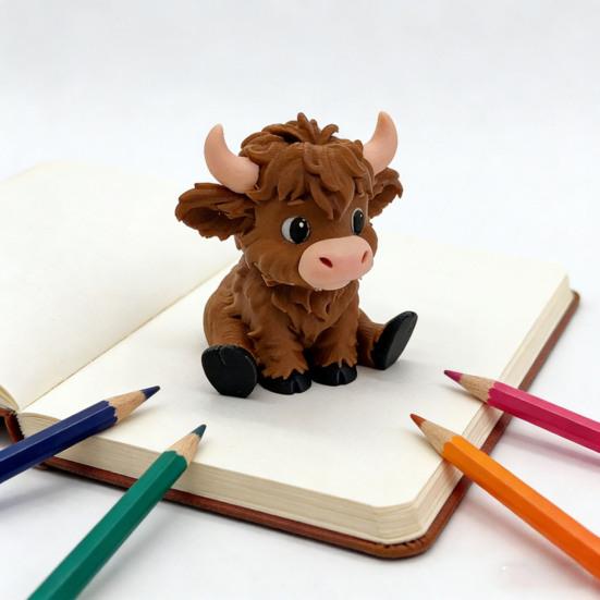 Mini Niedliche Hochlandrind Figur 3D Gedruckt Cartoon Sitzendes Rind Statue Sammler Tier Ornament für Zuhause Büro Schreibtisch Regal Dekor