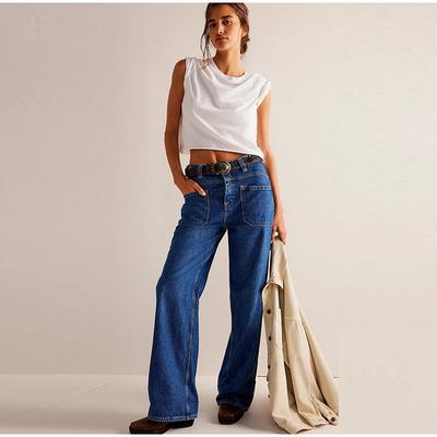 Casual γυναικείο τζιν τζιν με τσέπες στη μέση Κουμπιά Basic ίσιο φαρδύ μακρύ τζιν 2025 Άνοιξη Καλοκαίρι High Street Γυναικείο παντελόνι