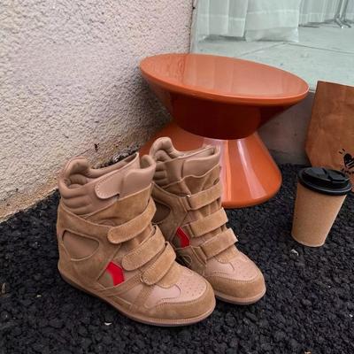 Autumn New Style Genuine Leather Inner Heightening 8CM Thick-soled Velcro High-top Shoes for Women, Versatile Casual Sports Shoes