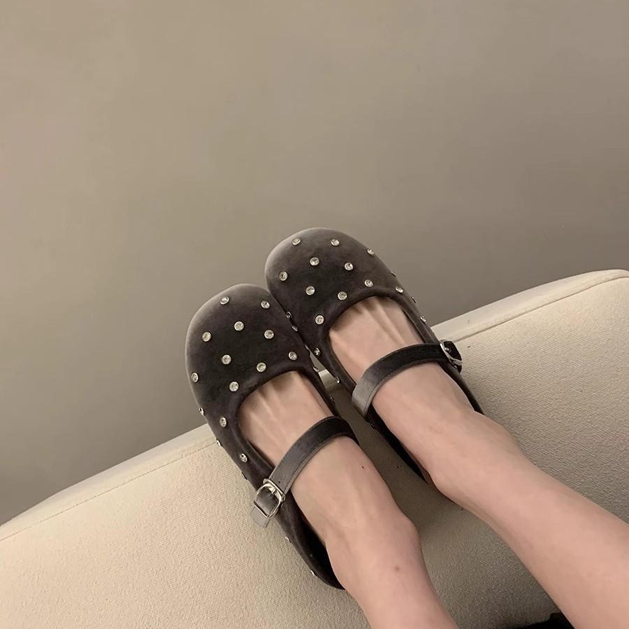 Retro Red Rhinestone Round Head Shallow Mouth Single Shoes Women's 2025 French Temperament Ballet Flat Mary Jane Shoes Half Drag