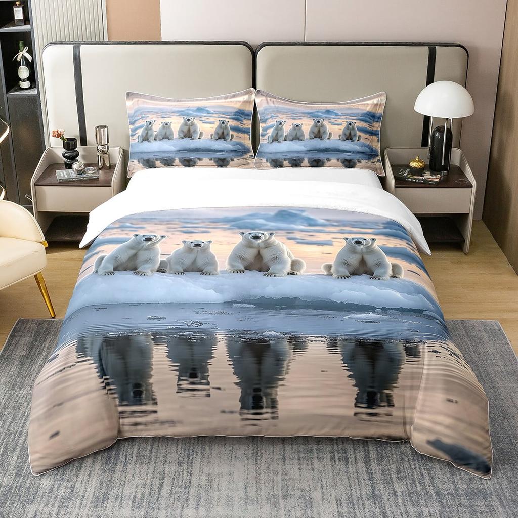 Comforter Polar Bear Queen Size Natural Sunset Sky Arctic Glacier Ice Lake Lovely Wild Animal Comforter Warm
