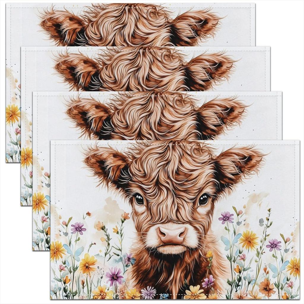 Hochlandrinder Tischsets Set of 4 18"x12" Kinder Hochlandrinder Sonnenblume Tischsets für Jungen Mädchen Teenager Tierkorn Tischset