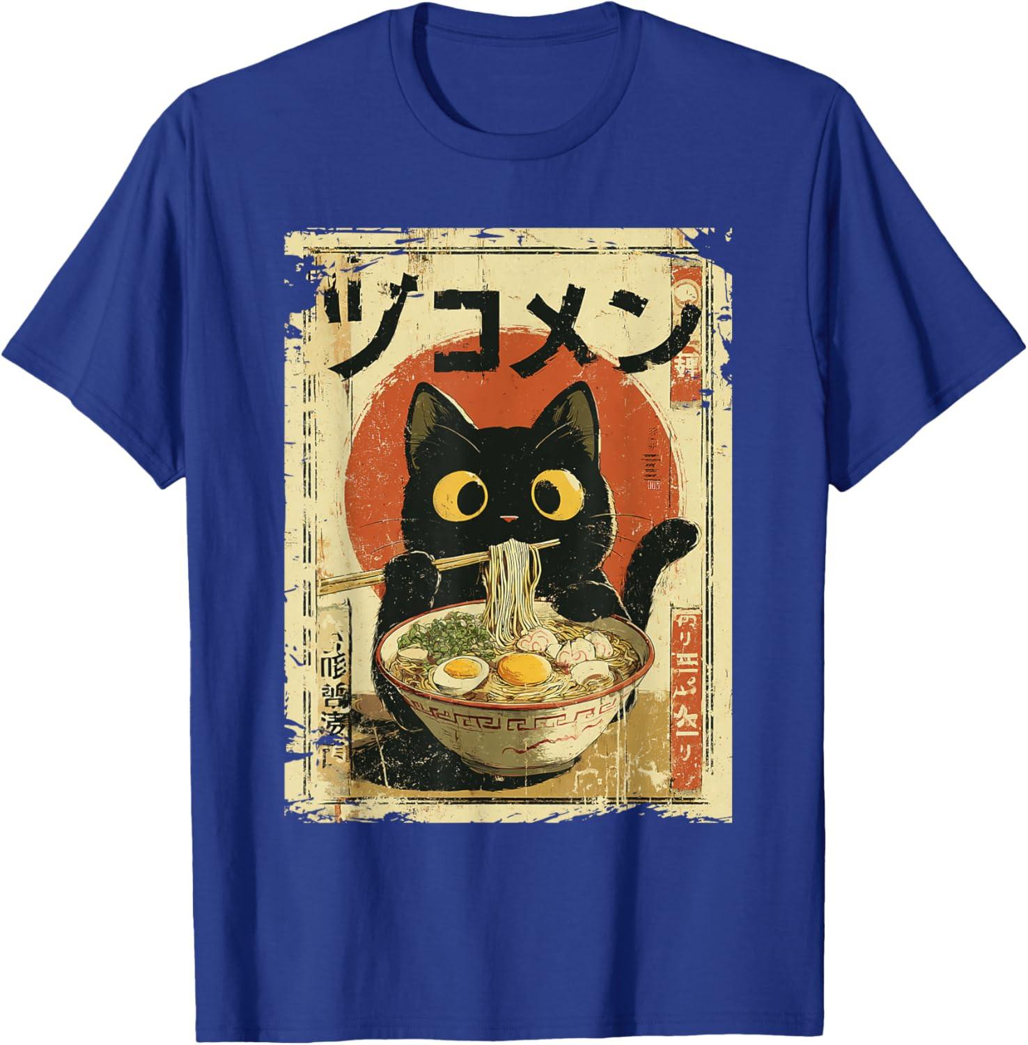 Cat Eating Ramen Noodles Kawaii Anime Manga Japanese Food Unisex T-Shirt XL
