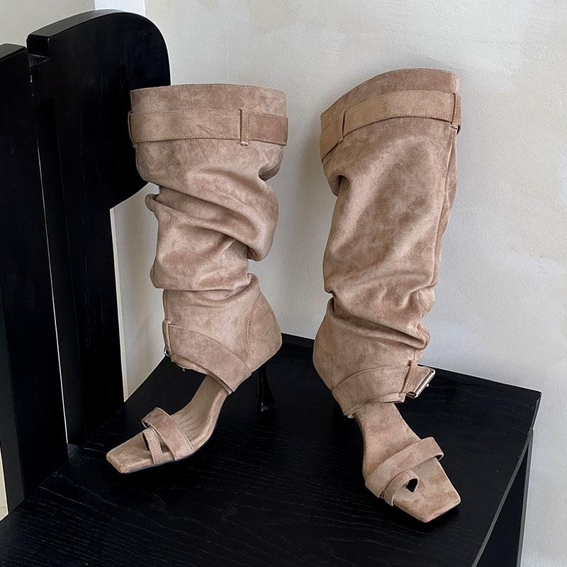 Fashion Fashion Open Toe Women Knee High Boots Shoes Female Flock Footwear Square Toe Ladies Sandals Boots With Thin Heels Shoes Pumps