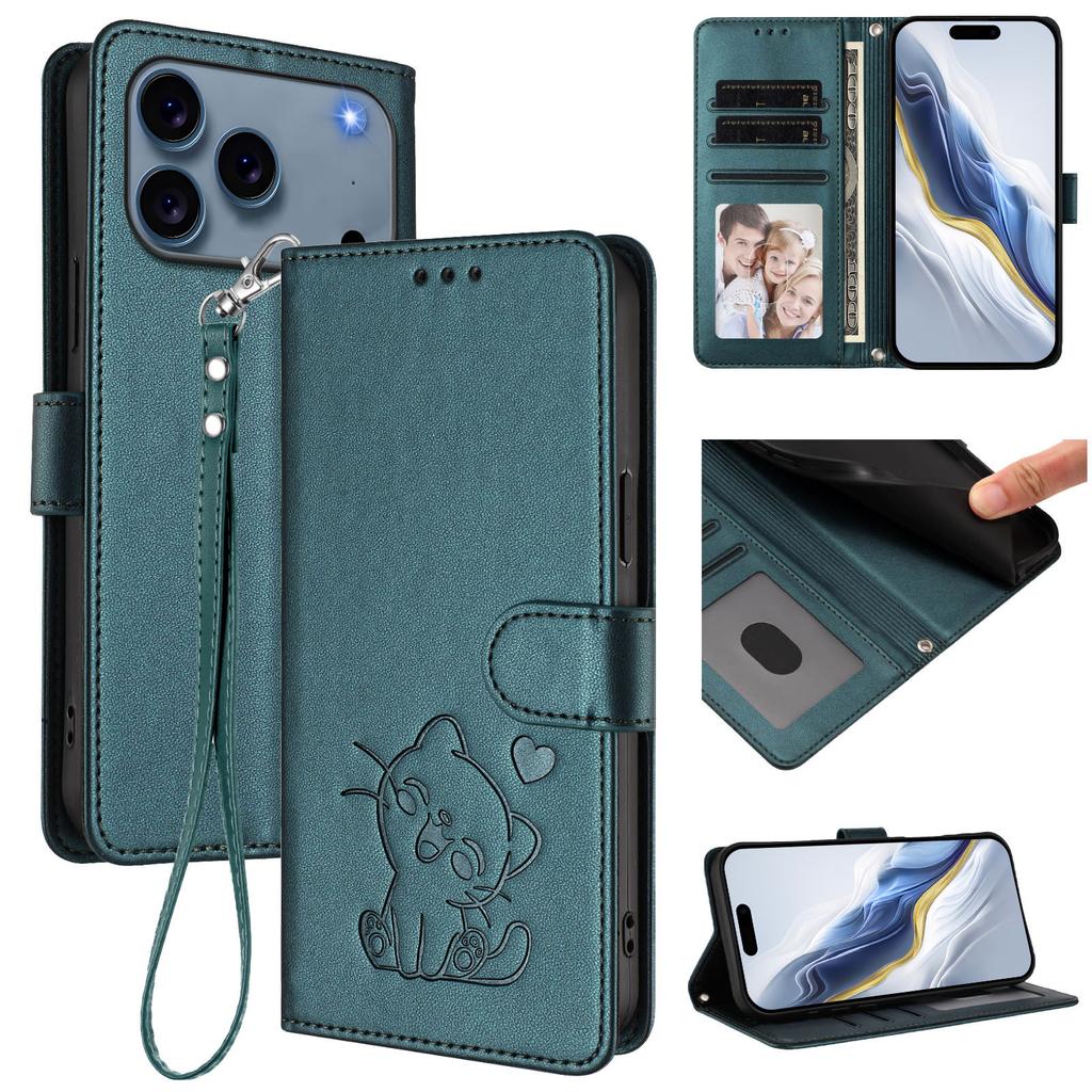Embossed Cute Cat Cards Solt Wallet Leather Case For iPhone 17 Pro Max 16 Plus 16E 15 14 13 12 11 Bag Stand Strap Book Cover