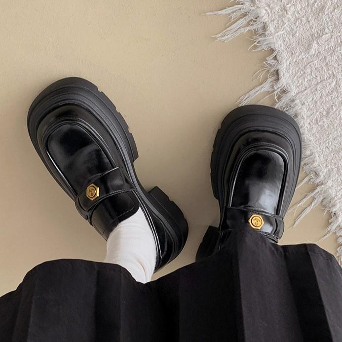Fashion commuter black retro thick heel platform small leather shoes women's 2025 new autumn and winter one-pedal French loafers