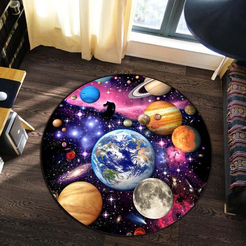 Universe Planets Round Rug Flannel Soft Earth Moon Stars Space Theme Area Mat For StudyRoom Office Decor Anti Skid FloorCovering 60cm x 60cm