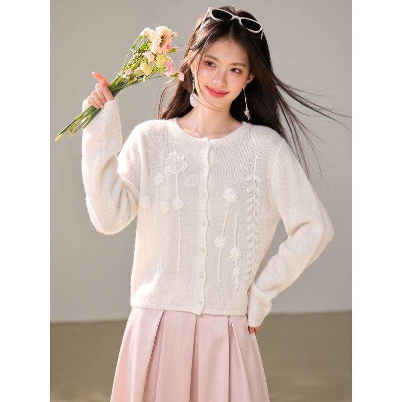 Women's Light Pink 3D Crochet Loose Knit Cardigan - Soft Knitwear for Autumn 2026