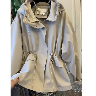 Damen Frühling Herbst Koreanischer Design-Sinn Locker Lässig Windbreaker Dame Saum Kordelzug Taille Kapuzenoberteil