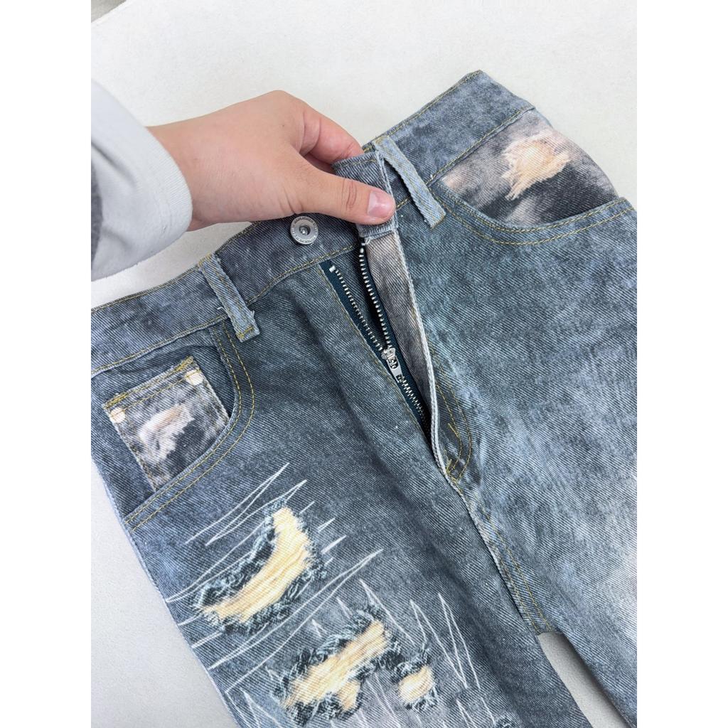 D-printed Fake Ripped Jeans American Splicing Camouflage Micro-pull Pants Men's Trendy Brand High-end Design Straight-leg Pants