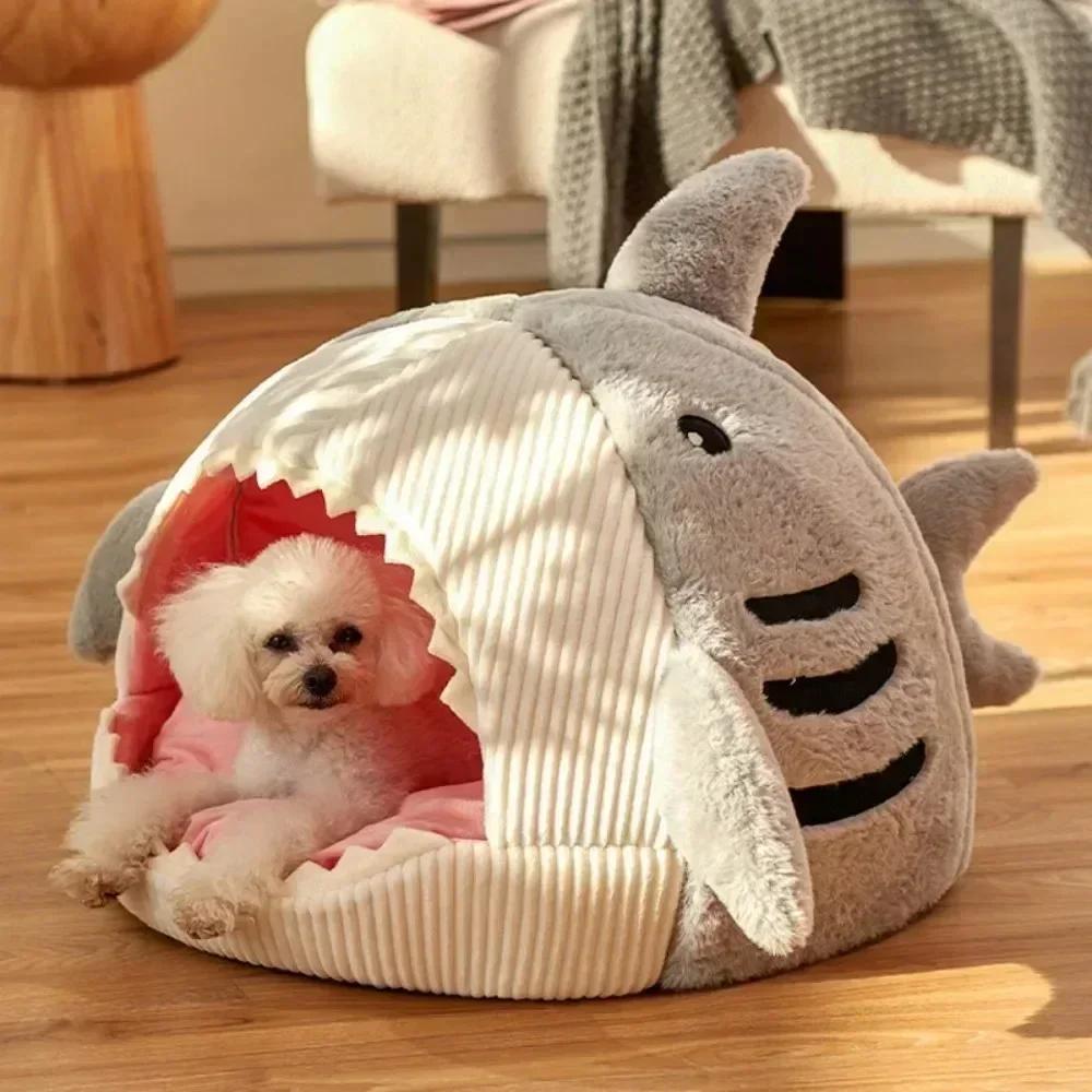 Dog House Shark Winter Thick Warm Pet Mat with Bottom Anti Slip Design Semi Enclosed Plush Warm Cat Cushion Puppy Accessories